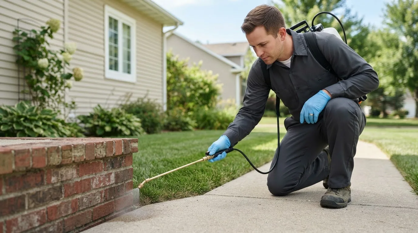 Pest control technician treating a home near North Windham, CT